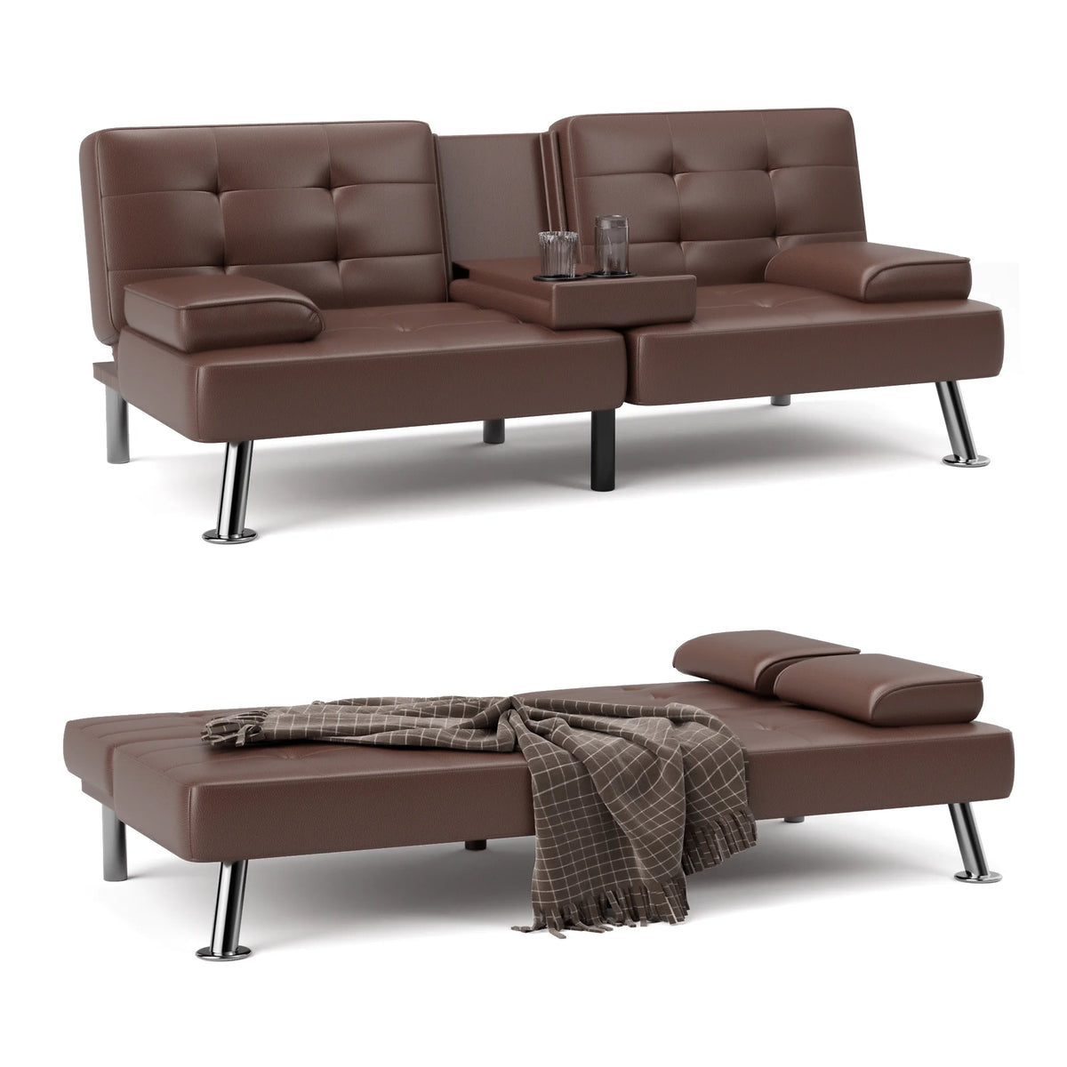 Faux Leather Convertible Futon Sofa Bed with 2 Cup Holders B613611