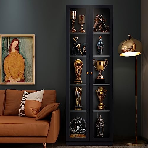 Black Metal 2 Door Glass Curio Cabinet with Adjustable Shelves 5 Tier Bookcase M430404