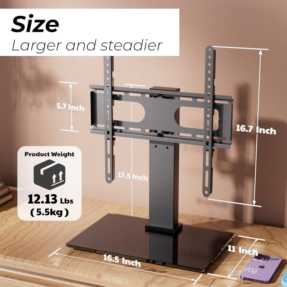 Swivel Height Adjustable TV Stand with Tempered Glass Base, BLACK Z7396