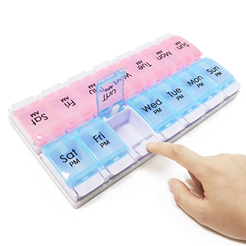 Large 7 Day Pill Organizer 2 Times a Day, AM PM Pill Box, 14 Dividers Vitamin Holder with Push Button V774