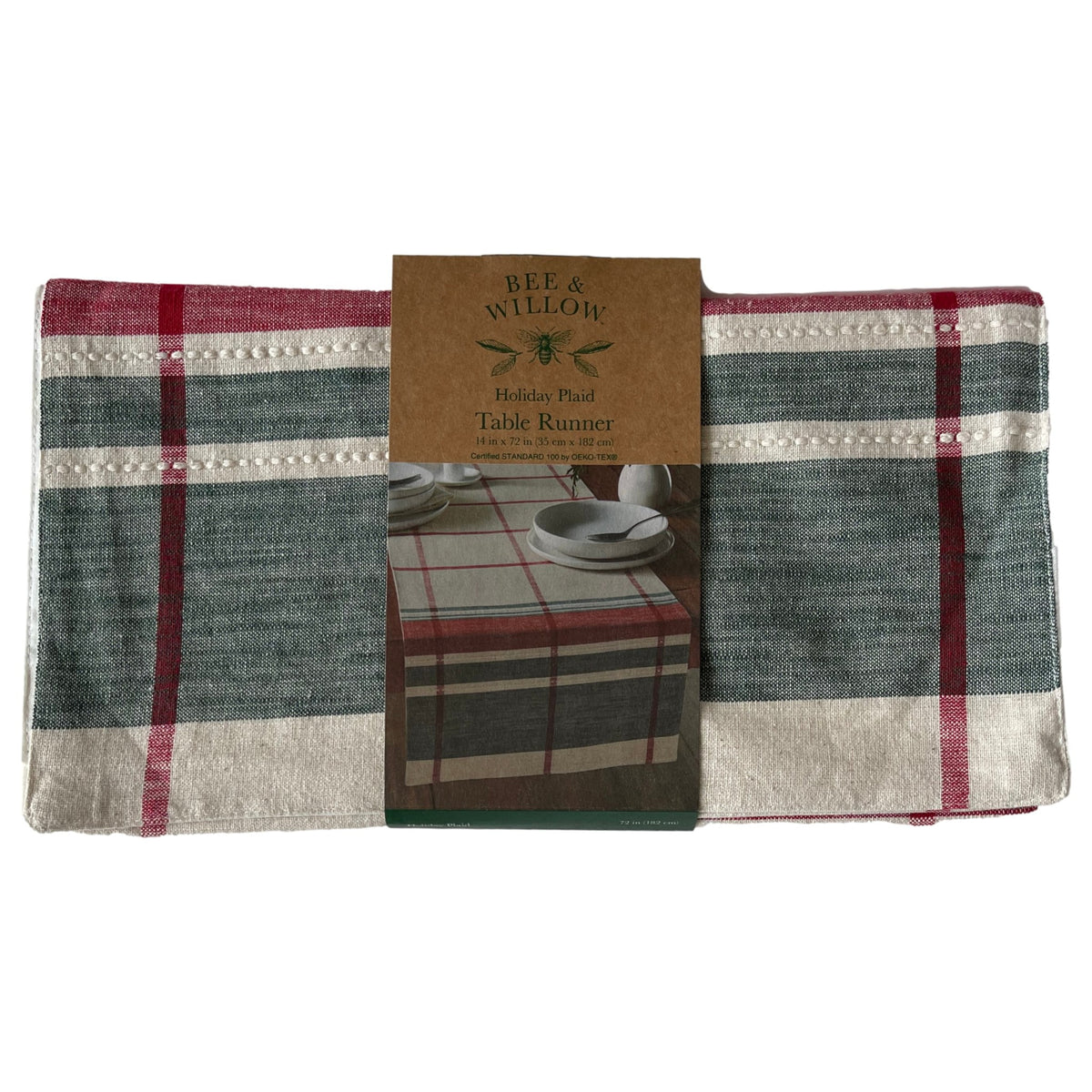 Green & Red Christmas Plaid Cotton Table Runner, 14" x 72" N451768