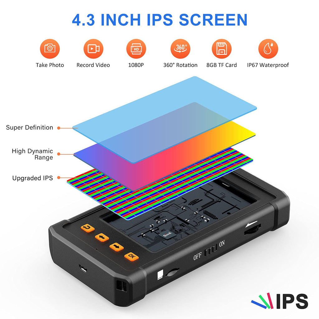 33FT 5.5mm 1080P HD Waterproof Industrial Endoscope with 4.3'' IPS Screen Z743