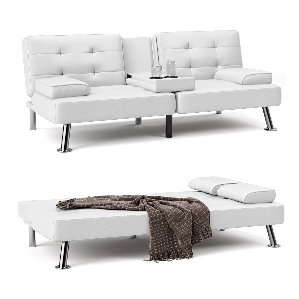 Faux Leather Convertible Futon Sofa Bed with 2 Cup Holders B613611