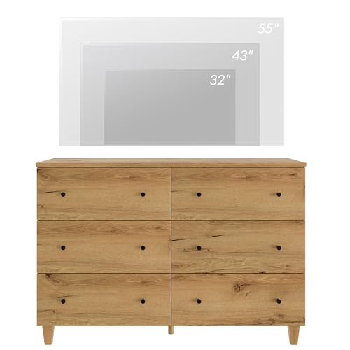 Oak Brown 6 Drawer TV Stand with 1 End Table 2 Drawers Charging Station 2 Pieces Wood Furniture Set M284