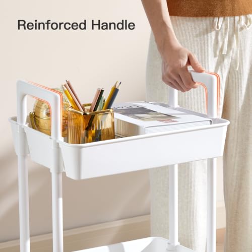 White 3 Tier Plastic Rolling Cart with Lockable Wheels D654