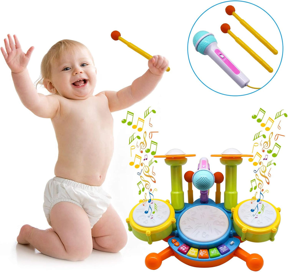 Kids Drum Set with 2 Drum Sticks and Microphone W2493