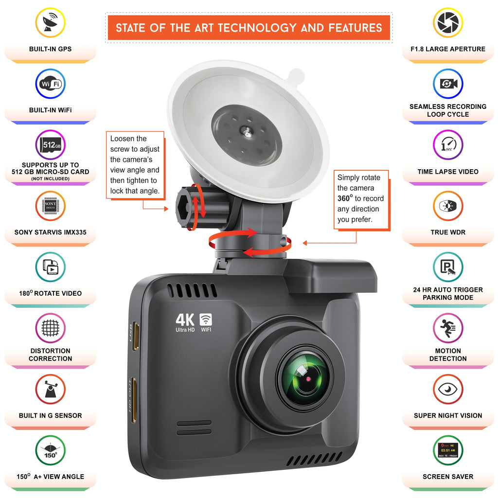 R2-4K Dash Cam with Built-in WiFi GPS, UHD 2160P, 2.4" LCD Display, 150° Wide Angle, WDR, Night Vision L7476