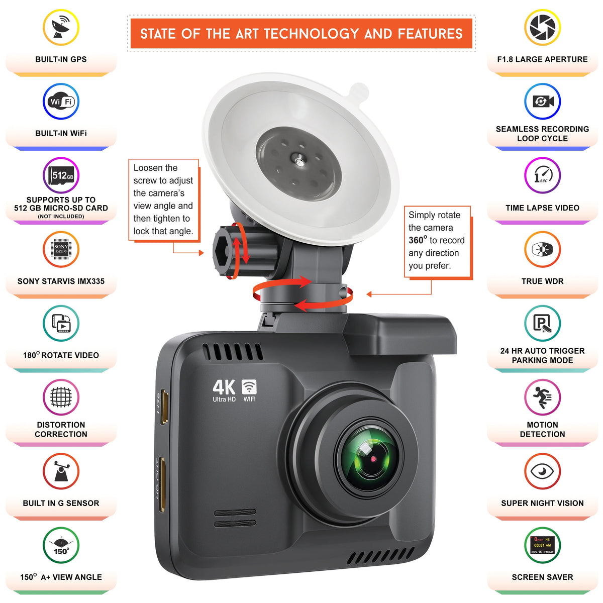 R2-4K Dash Cam with Built-in WiFi GPS, UHD 2160P, 2.4" LCD Display, 150° Wide Angle, WDR, Night Vision L7476