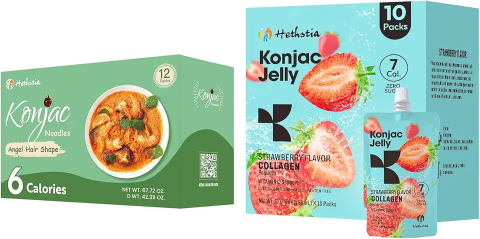 Konjac Jelly Strawberry Flavor with Collagen Peptides 10 Packs and Konjac Angel Hair Gluten Free 12 Packs Low Calorie Sugar Free P287386