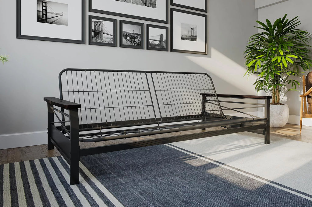 Full Size Metal Futon Frame with Espresso Wood Armrests H8467