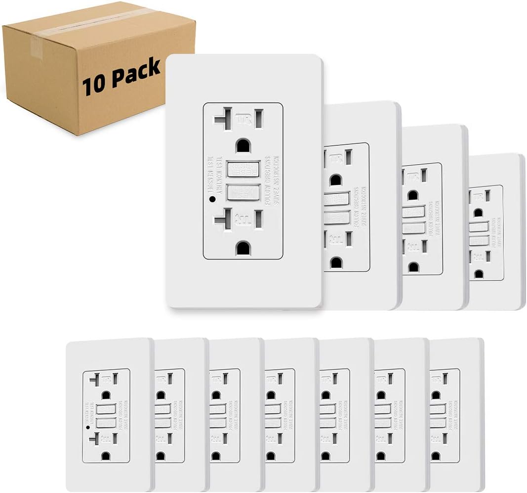 20 Amp Tamper-Resistant GFCI Outlet with LED Indicator, Screwless Wallplate, 10 Pack Y29033