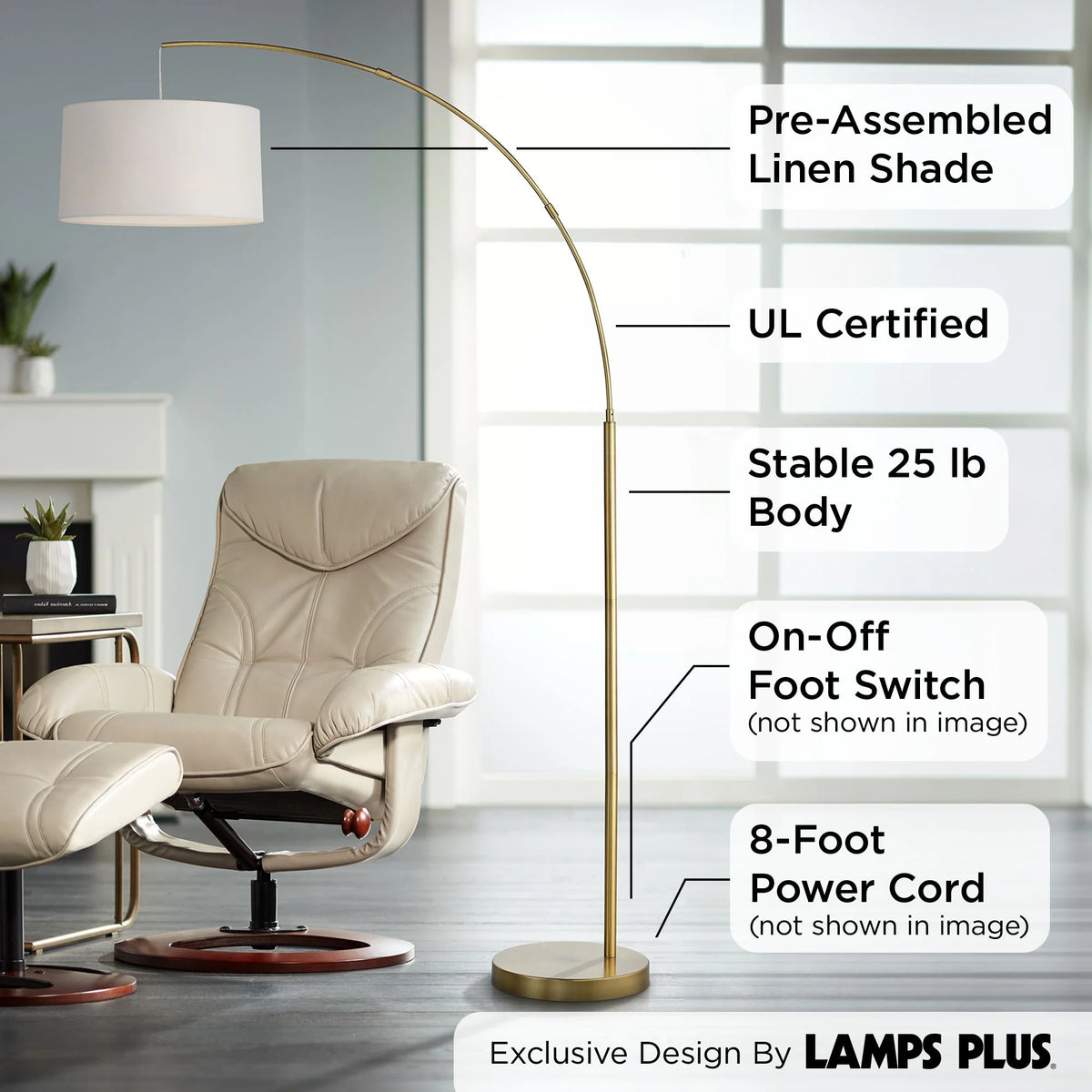 72" Tall Brass Metal Arc Floor Lamp with White Linen Drum Shade W165832