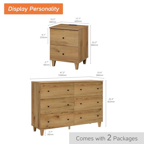 Oak Brown 6 Drawer TV Stand with 1 End Table 2 Drawers Charging Station 2 Pieces Wood Furniture Set M284