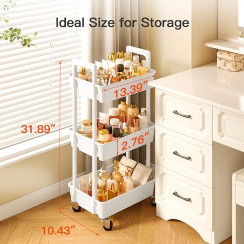 White 3 Tier Plastic Rolling Cart with Lockable Wheels D654