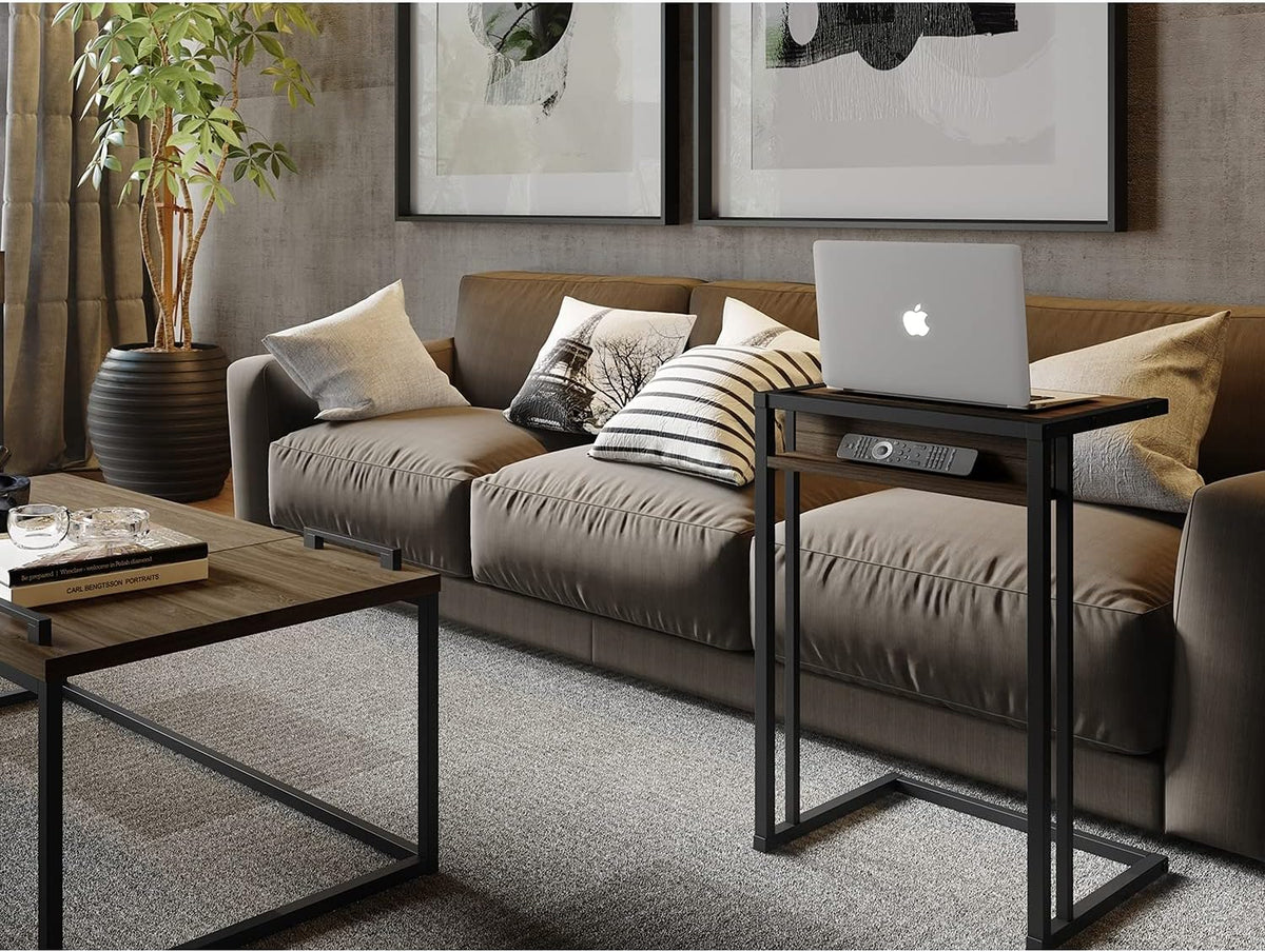 Dark Brown Oak End Table with Black Metal Frame K53077