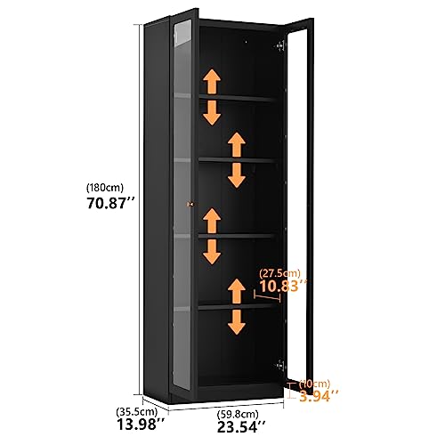 Black Metal 2 Door Glass Curio Cabinet with Adjustable Shelves 5 Tier Bookcase M430404