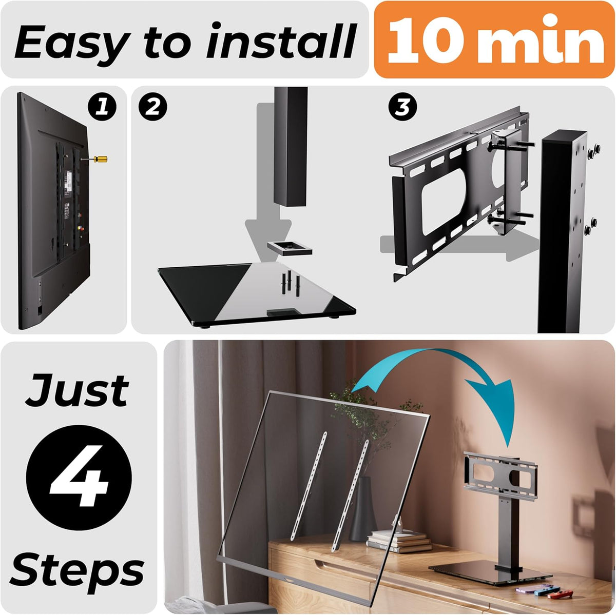 Swivel Height Adjustable TV Stand with Tempered Glass Base, BLACK Z7396
