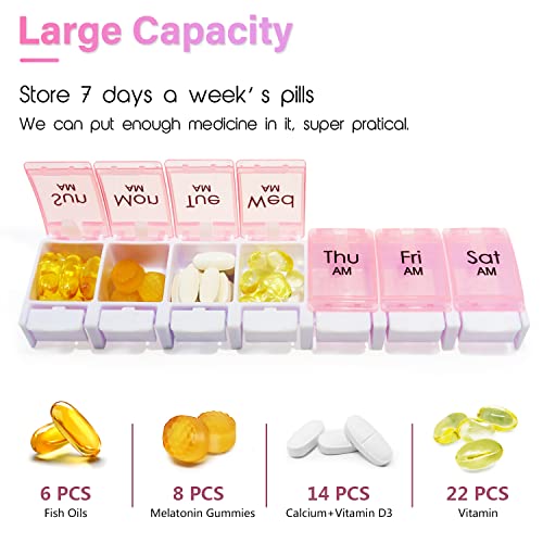 Large 7 Day Pill Organizer 2 Times a Day, AM PM Pill Box, 14 Dividers Vitamin Holder with Push Button V774