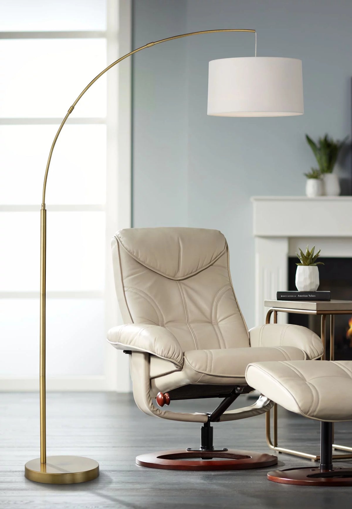 72" Tall Brass Metal Arc Floor Lamp with White Linen Drum Shade W165832