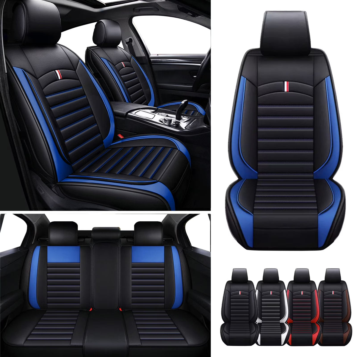 Black+Blue PU Leather Car Seat Covers Set P6665
