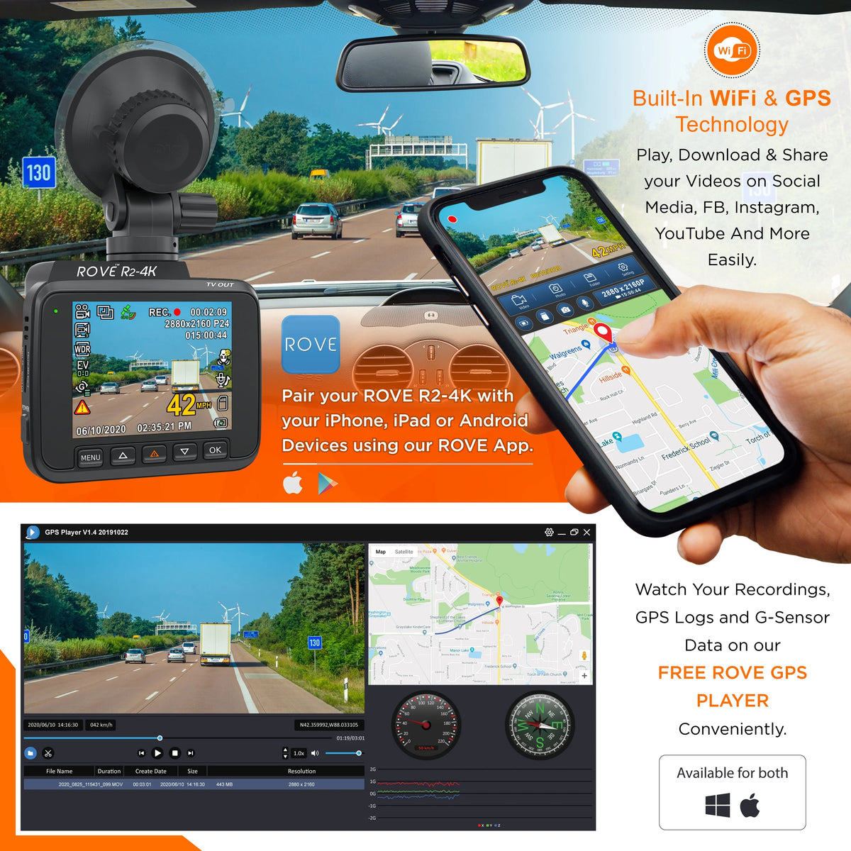 R2-4K Dash Cam with Built-in WiFi GPS, UHD 2160P, 2.4" LCD Display, 150° Wide Angle, WDR, Night Vision L7476