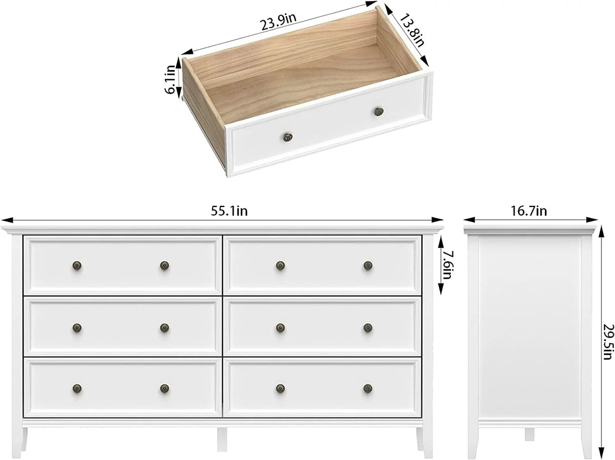 6 Drawer Double Dresser 55 inch Solid Wood White K853228