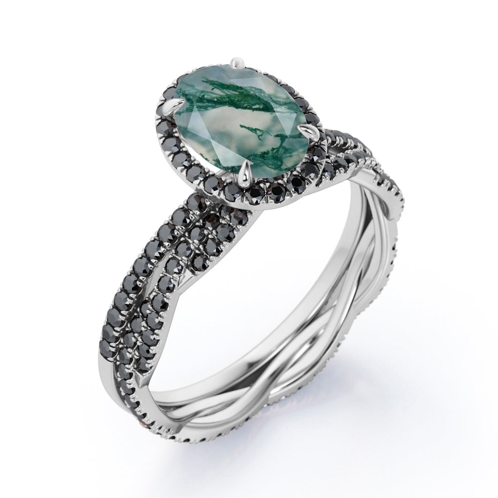 18K Gold over Silver Oval-Shaped Moss Green Agate Bridal Set W8648