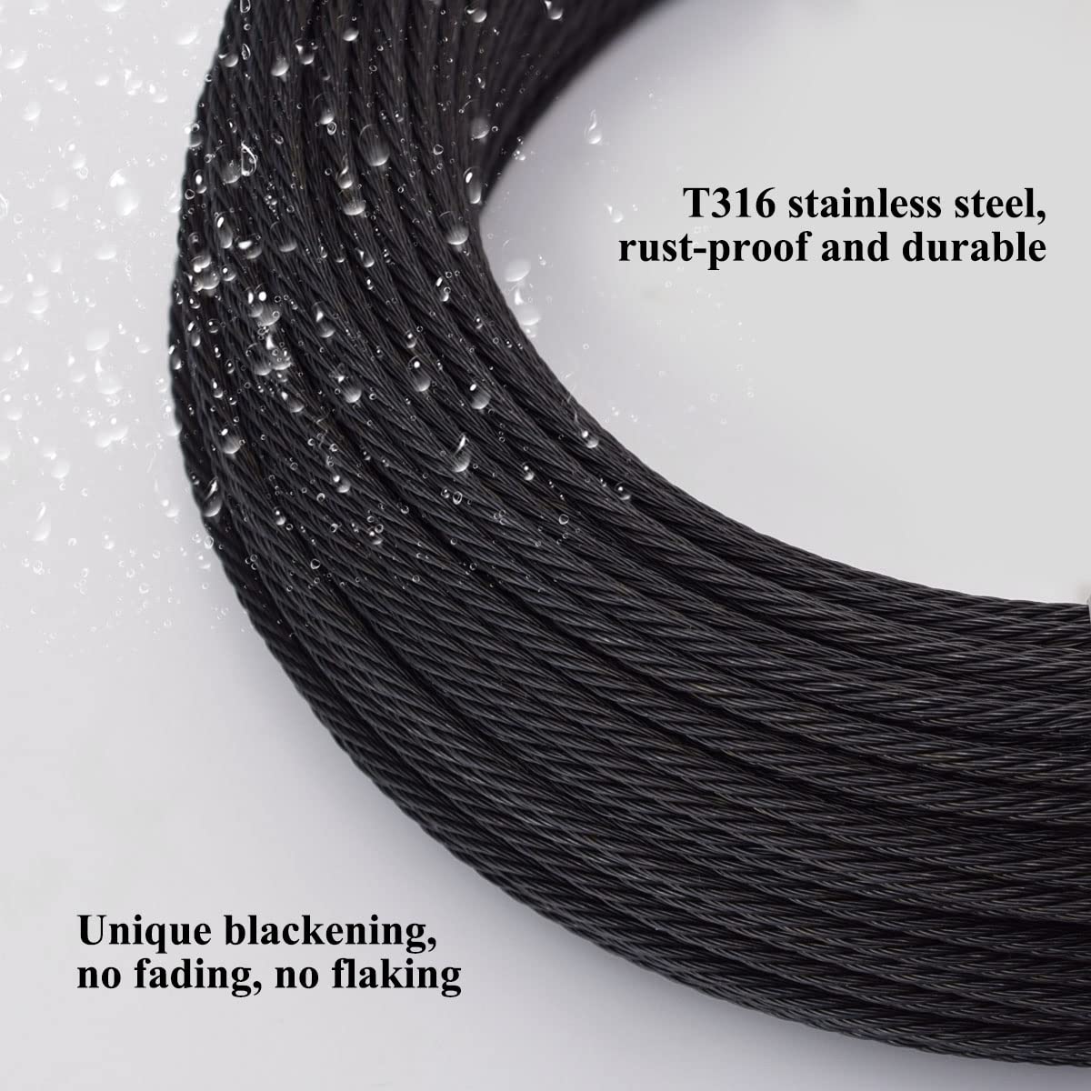 150ft Black T316 Stainless Steel Wire Rope Cable, 7 x 7 Strands A4007