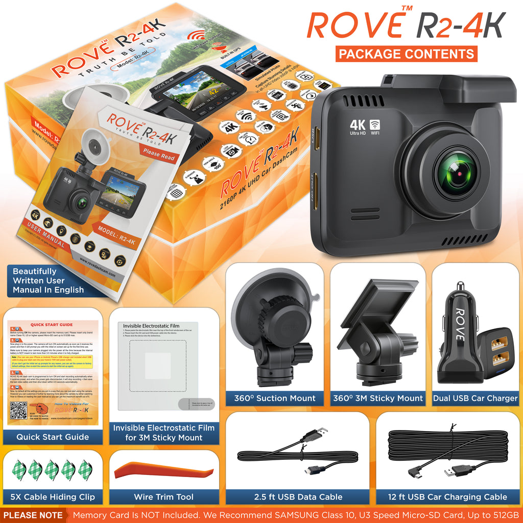 R2-4K Dash Cam with Built-in WiFi GPS, UHD 2160P, 2.4" LCD Display, 150° Wide Angle, WDR, Night Vision L7476