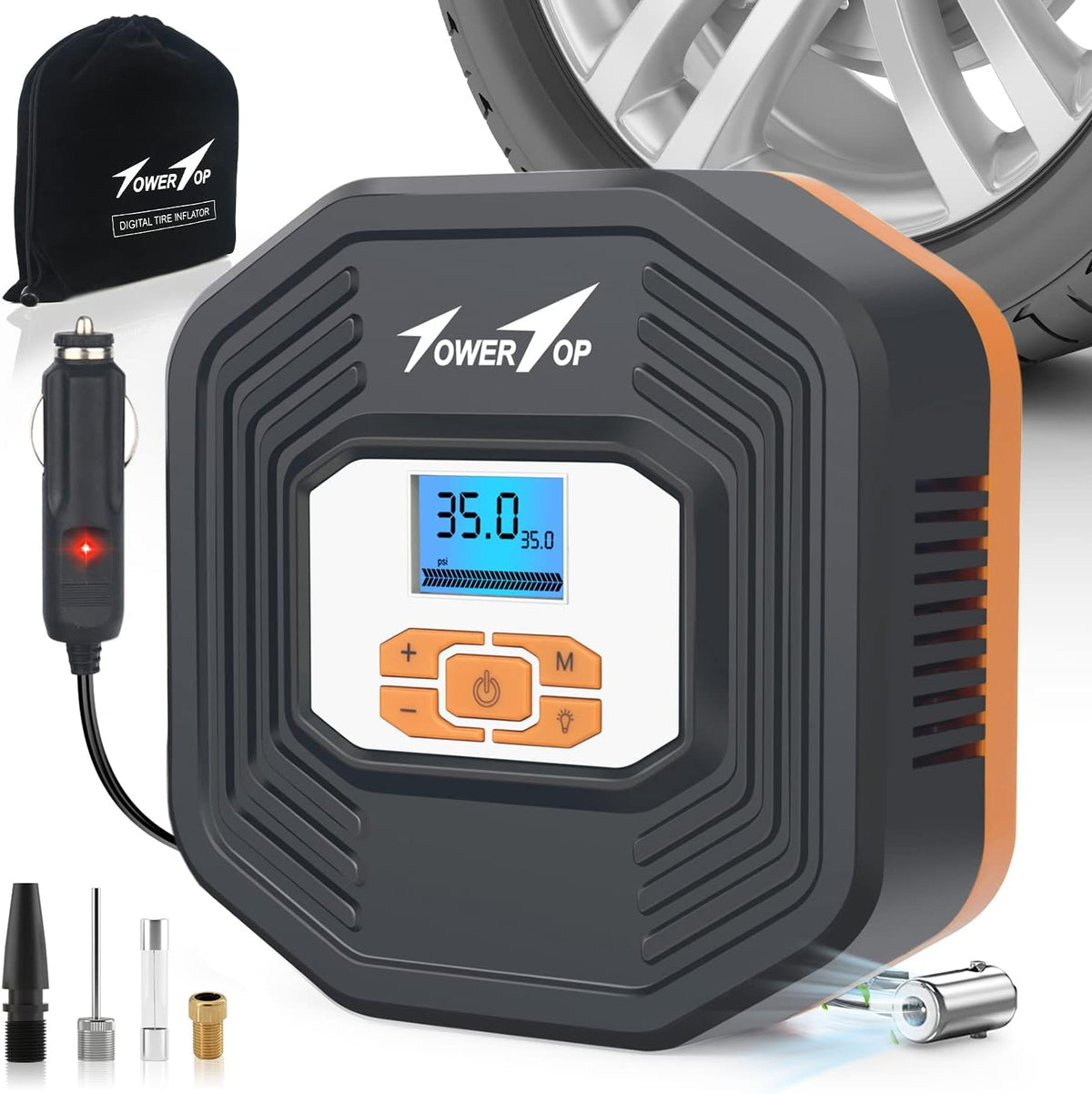 Portable 12V DC Air Pump Tire Inflator with Digital Pressure Gauge, LED Emergency Lights, Pack of 2 G1072