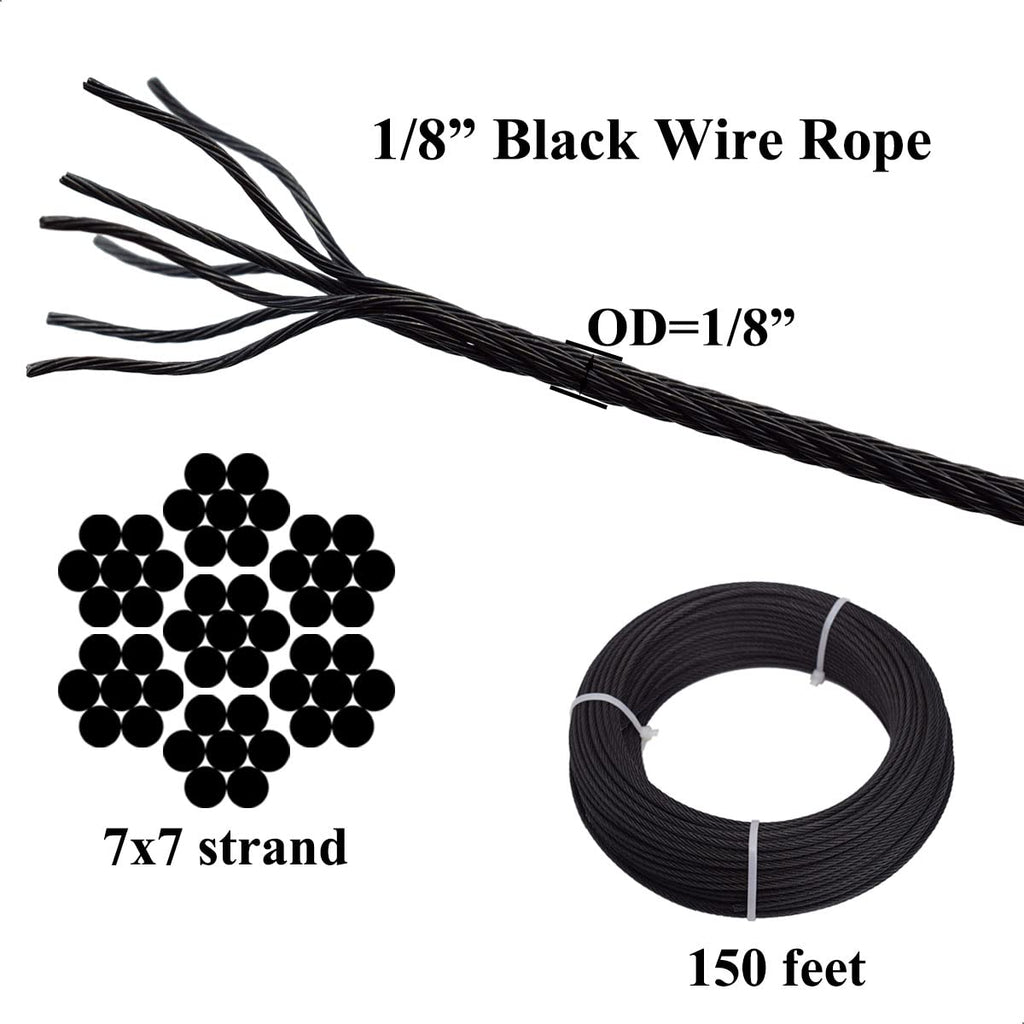 150ft Black T316 Stainless Steel Wire Rope Cable, 7 x 7 Strands A4007