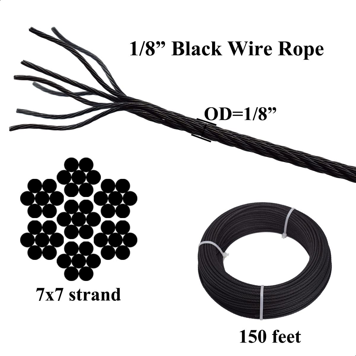 150ft Black T316 Stainless Steel Wire Rope Cable, 7 x 7 Strands A4007