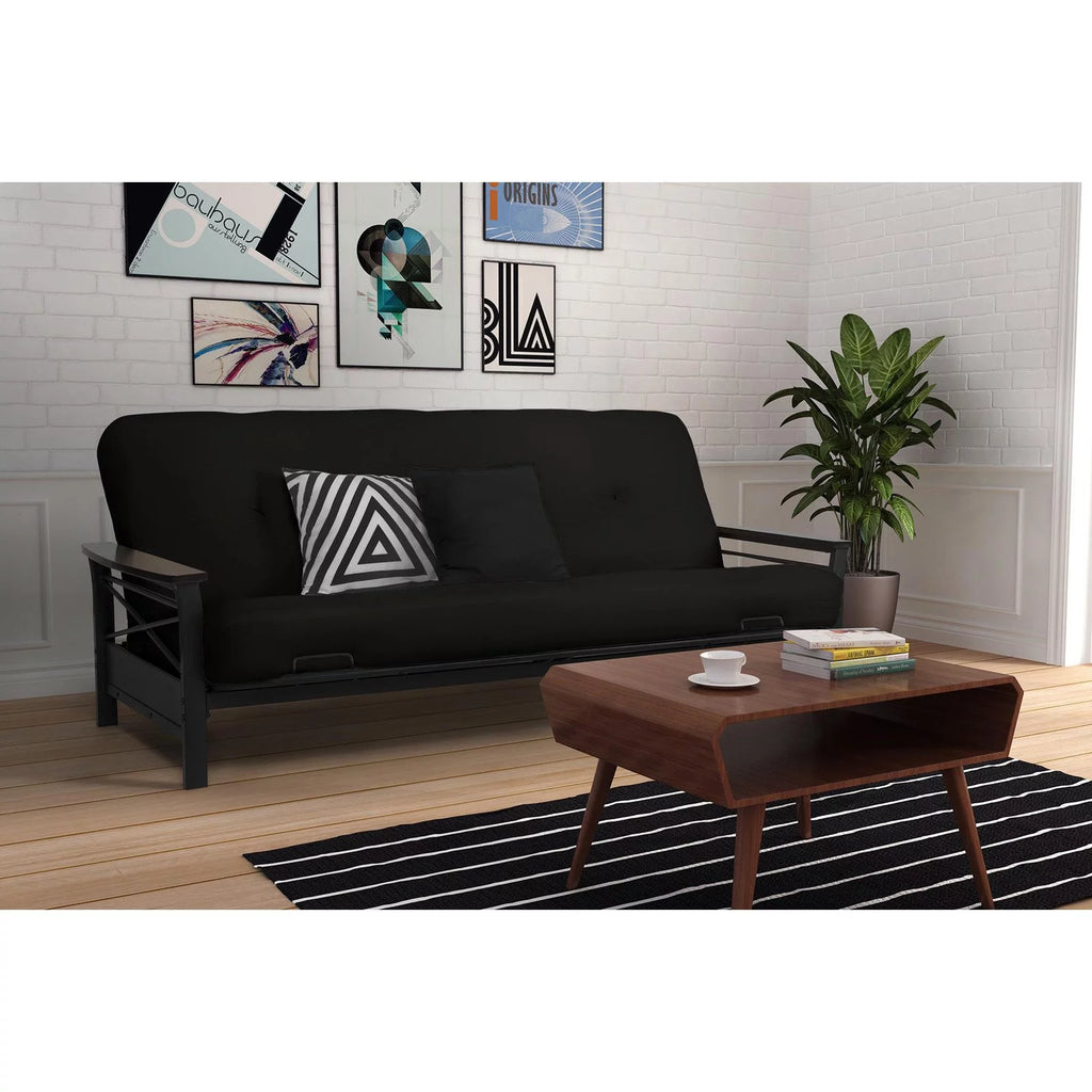 Full Size Metal Futon Frame with Espresso Wood Armrests H8467