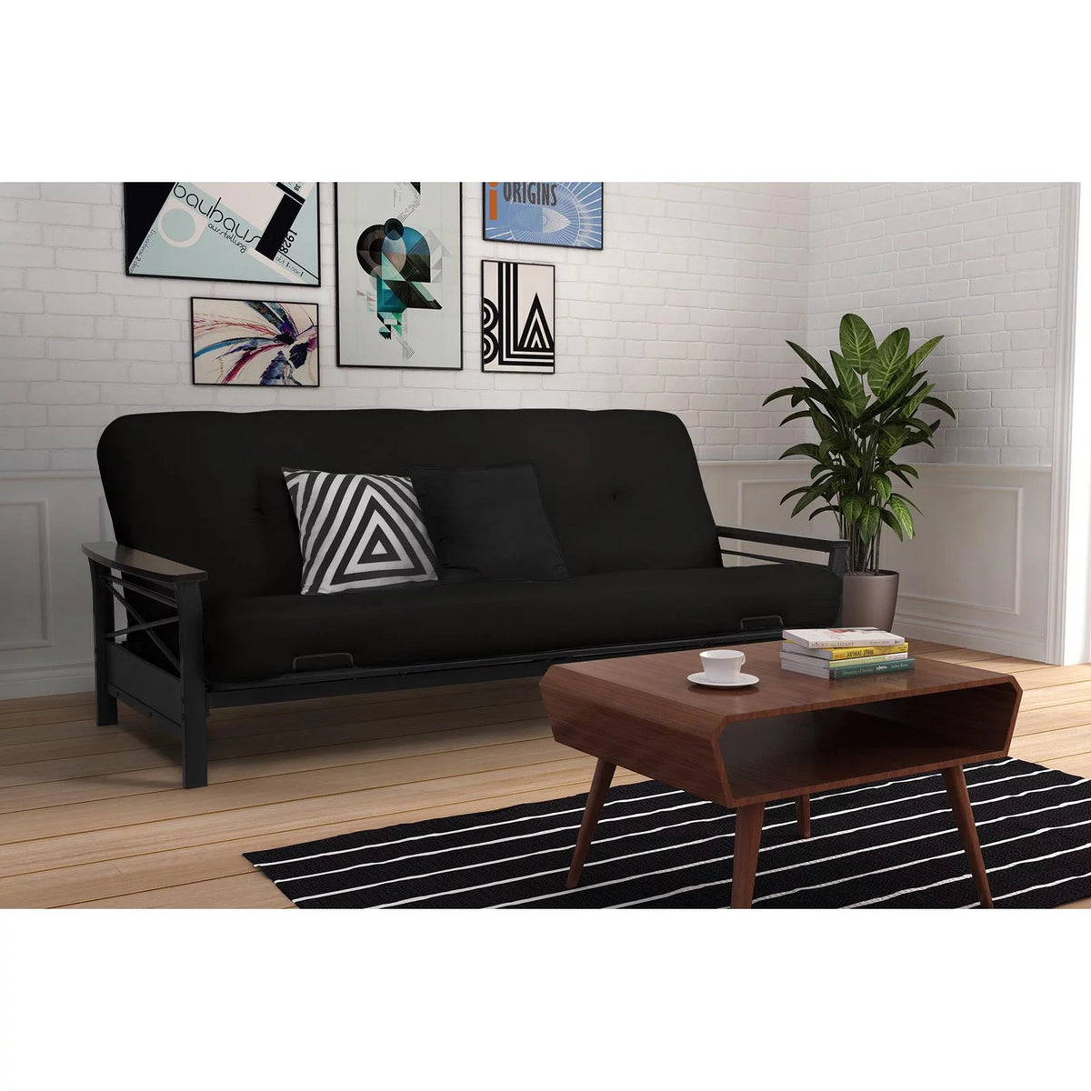 Full Size Metal Futon Frame with Espresso Wood Armrests H8467