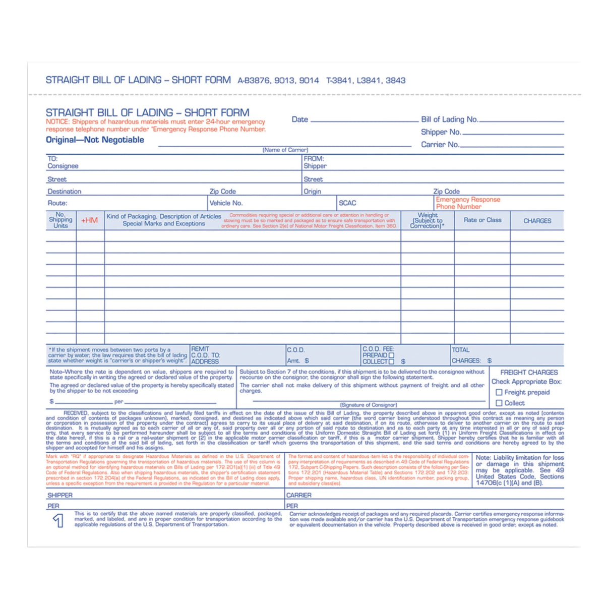 Carbonless Bill of Lading 250 Forms/Pack P3373