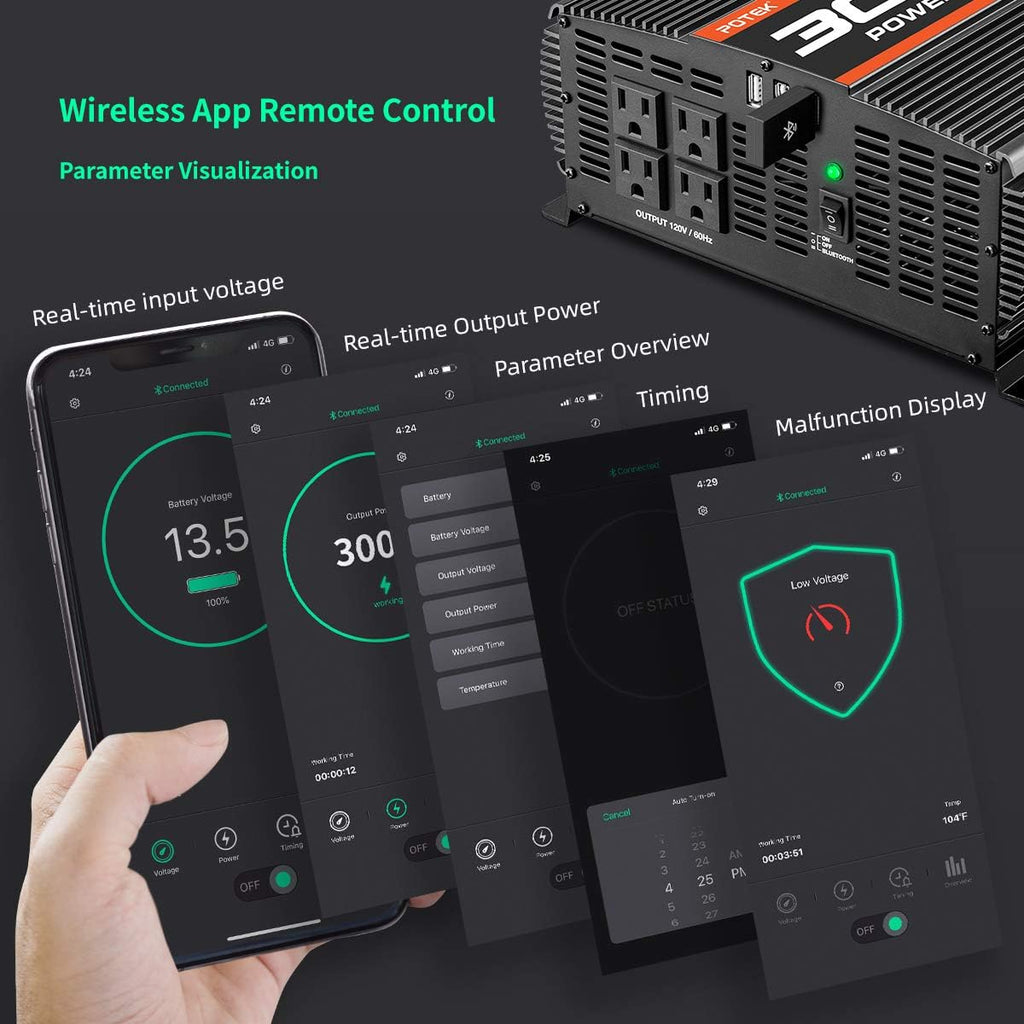 3000W Power Inverter 4 AC Outlets DC 12V to 110V AC Car Inverter with 2 USB Port and Bluetooth Y36633
