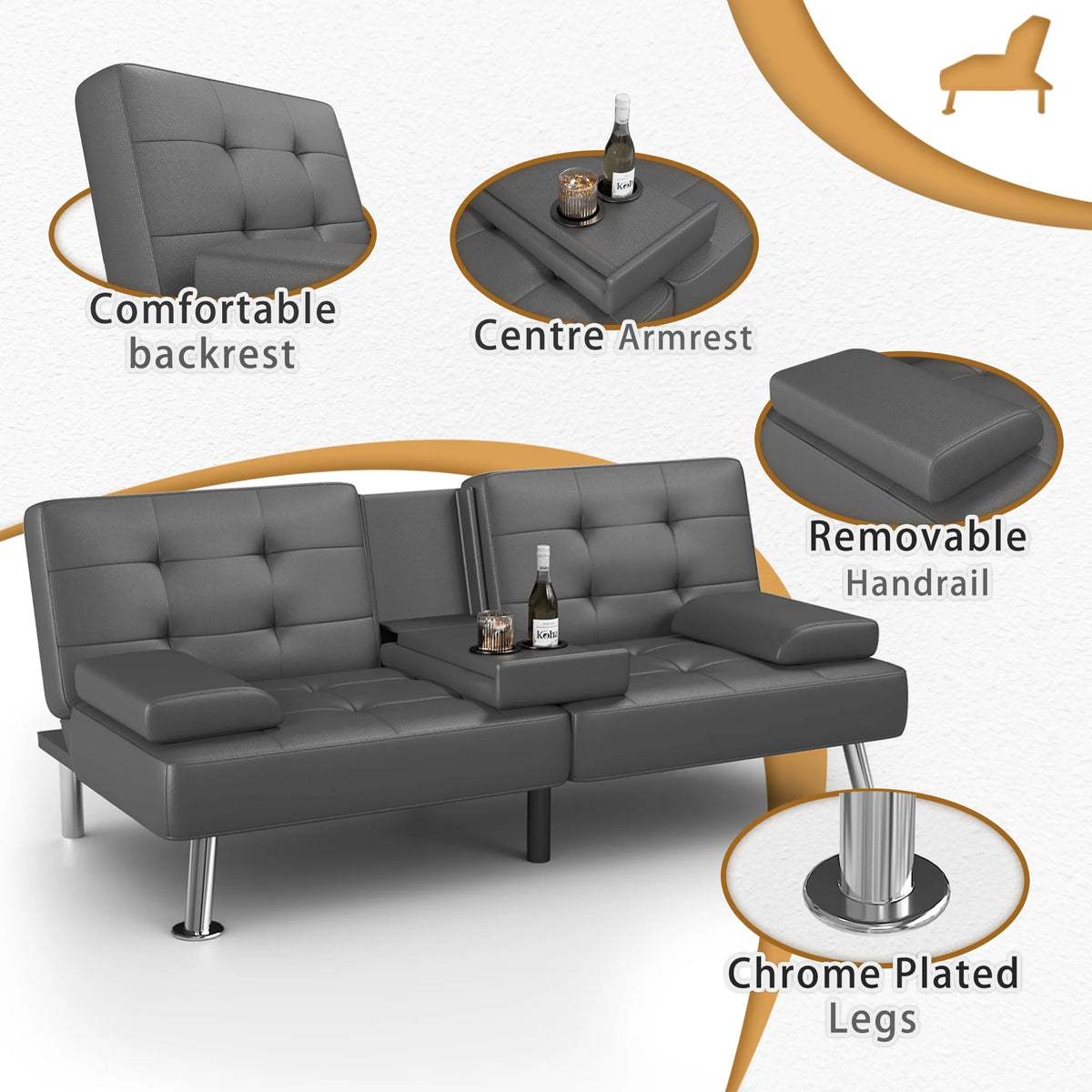 Faux Leather Convertible Futon Sofa Bed with 2 Cup Holders B613611