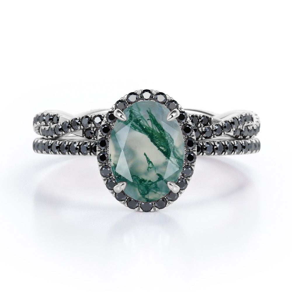 18K Gold over Silver Oval-Shaped Moss Green Agate Bridal Set W8648