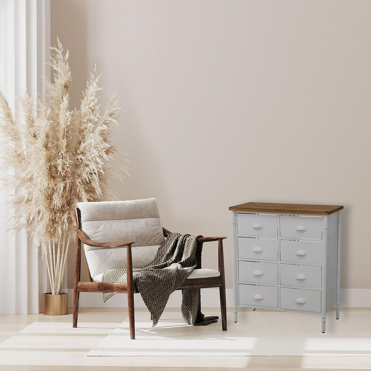 White 8 Drawer Accent Cabinet with Solid Wood Top and Metal Mesh Detailing O27291