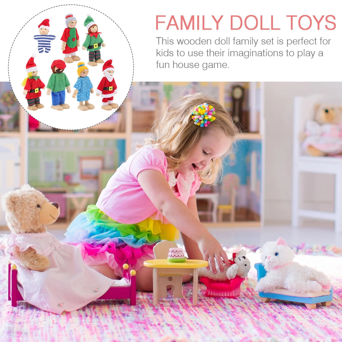 Wooden Dollhouse Play Set with Doll Figures U39948