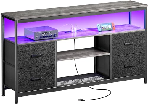 Black 4 Drawer TV Stand Dresser with Power Outlets and LED Lights Q19379
