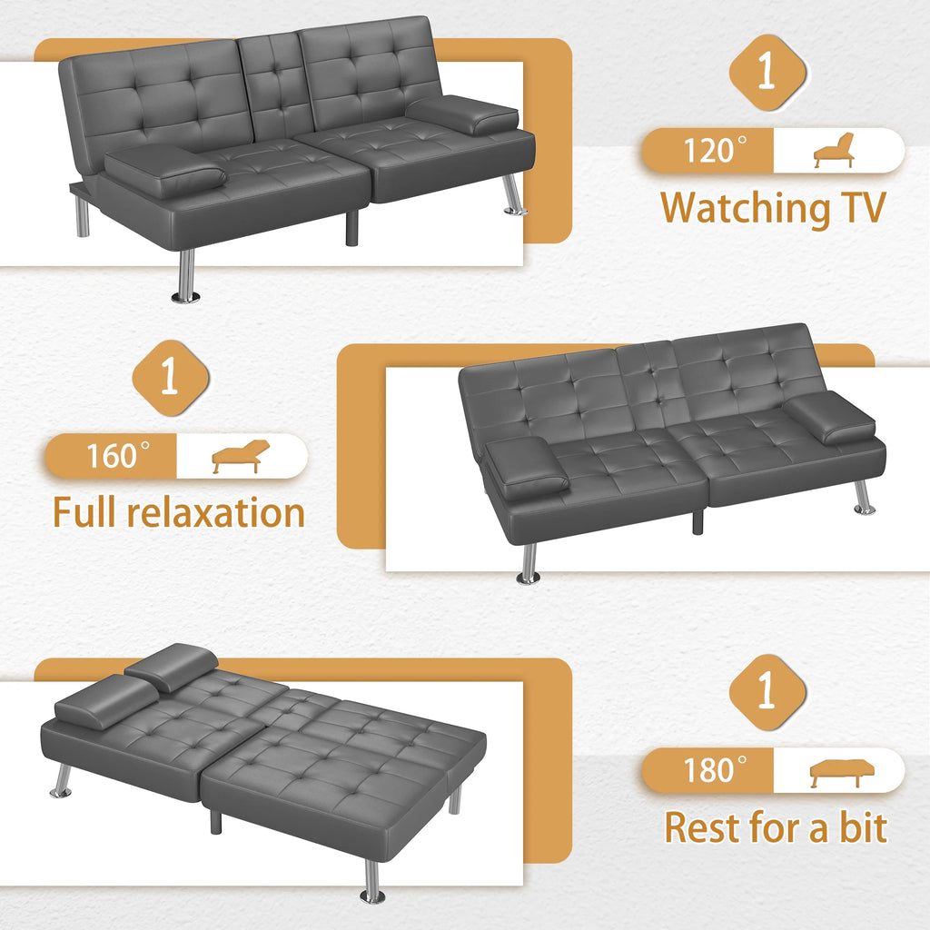 Faux Leather Convertible Futon Sofa Bed with 2 Cup Holders B613611