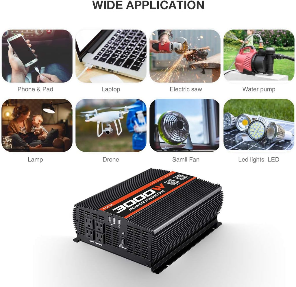 3000W Power Inverter 4 AC Outlets DC 12V to 110V AC Car Inverter with 2 USB Port and Bluetooth Y36633