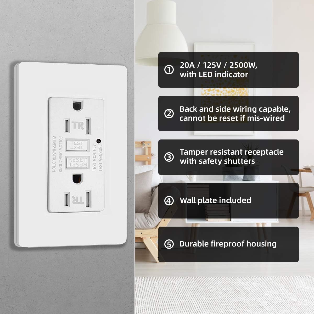 20 Amp Tamper-Resistant GFCI Outlet with LED Indicator, Screwless Wallplate, 10 Pack Y29033