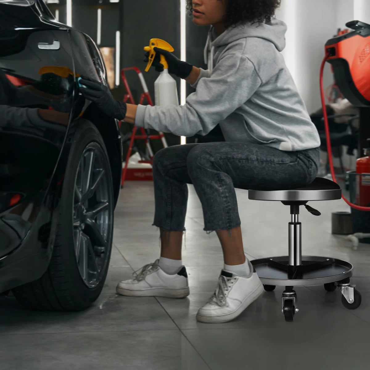 Adjustable Mechanic's Roller Seat with Wheels & Tool Tray, 300 lbs Capacity - Black F8698
