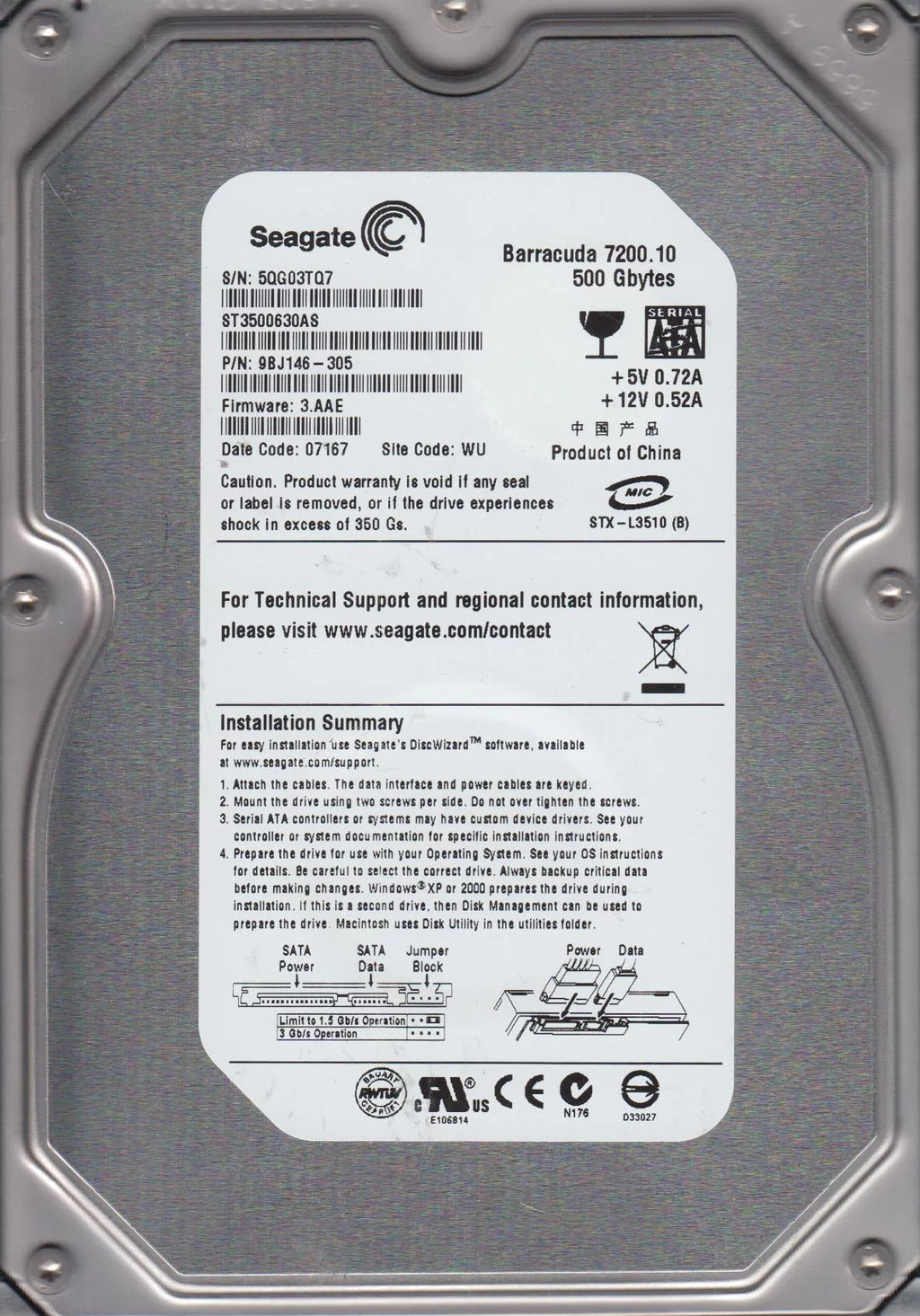 500GB SATA 3.5 Hard Drive U484