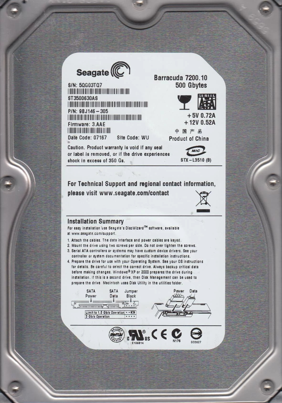500GB SATA 3.5 Hard Drive U484