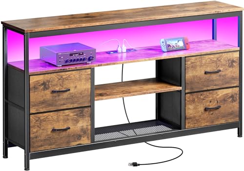 Black 4 Drawer TV Stand Dresser with Power Outlets and LED Lights Q19379