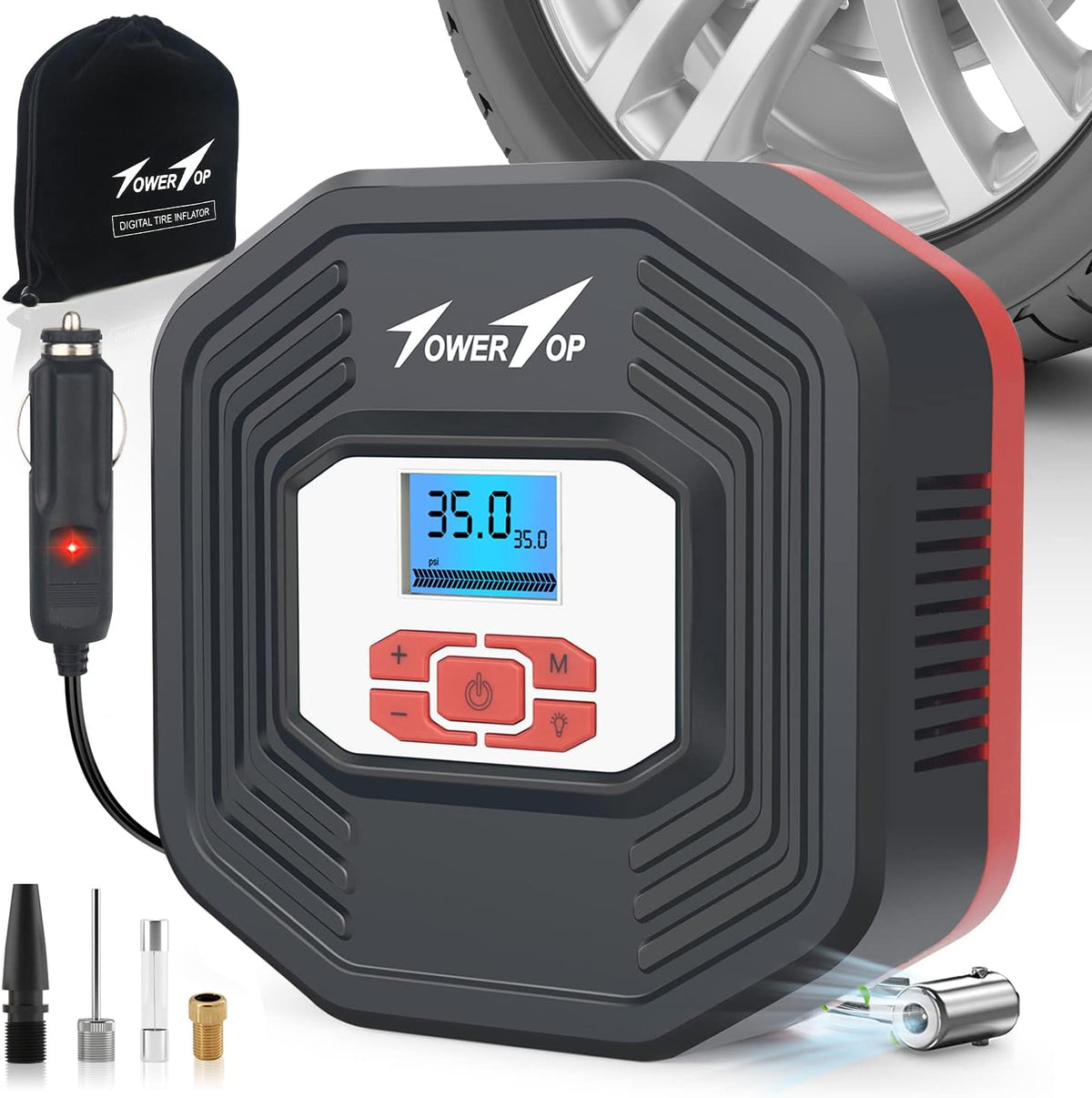 Portable 12V DC Air Pump Tire Inflator with Digital Pressure Gauge, LED Emergency Lights, Pack of 2 G1072