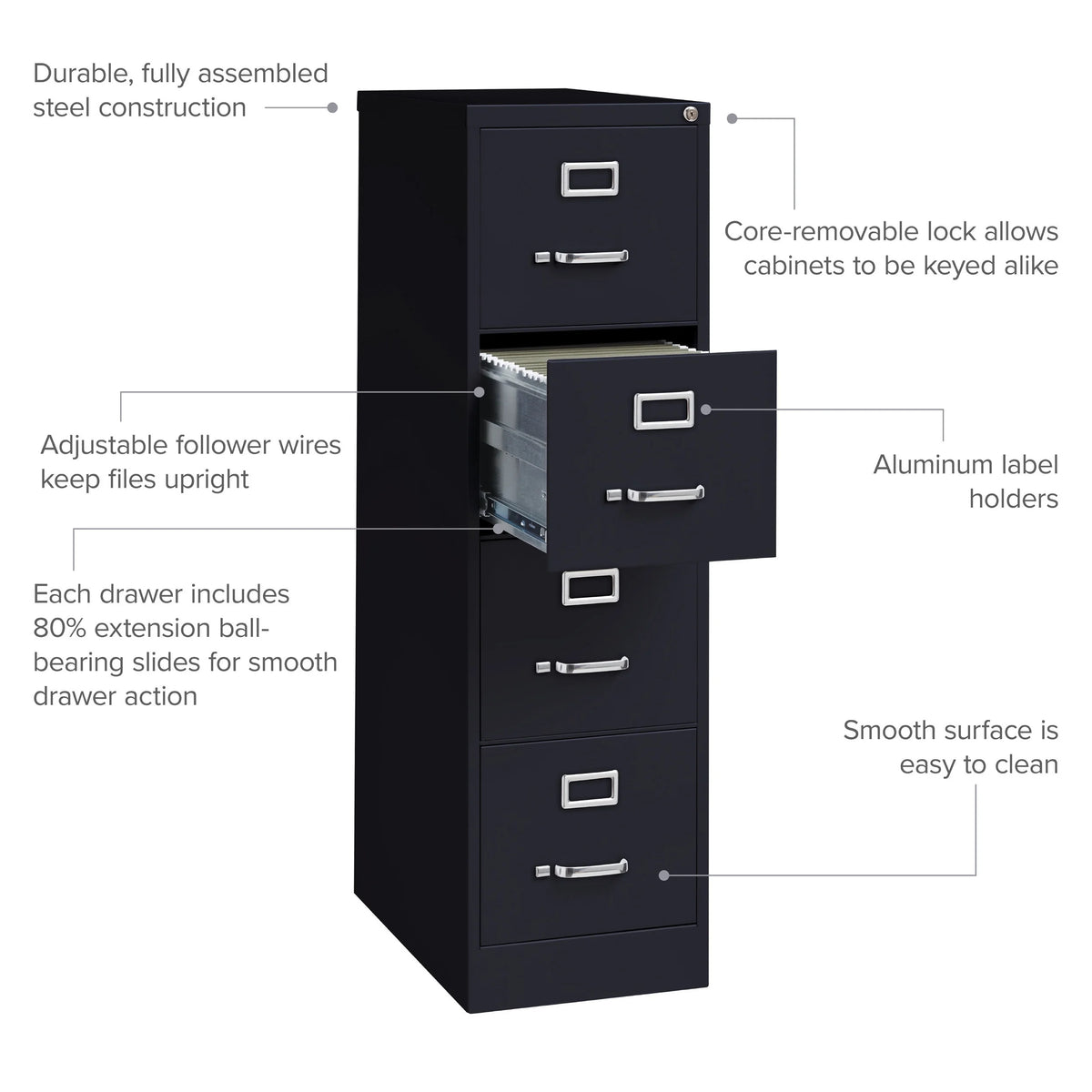 25" Deep 4 Drawer Letter Width Metal Vertical File Cabinet, Black L612723
